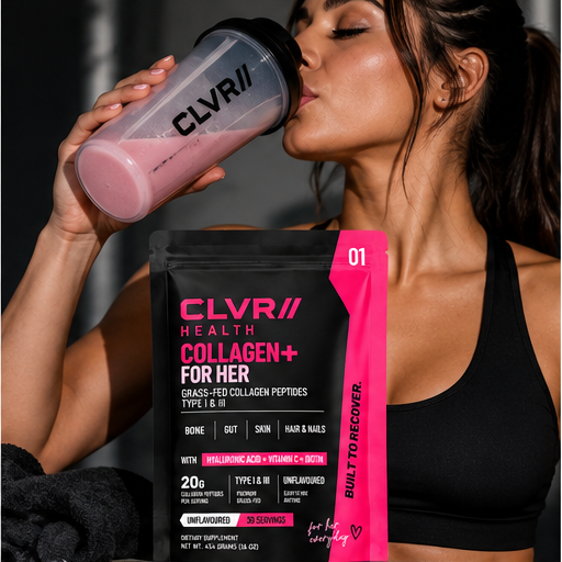 Woman drinking from a CLVR shaker beside a Collagen+ For Her pouch