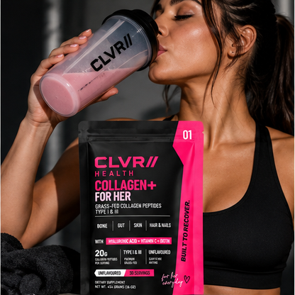 Woman drinking from a CLVR shaker beside a Collagen+ For Her pouch