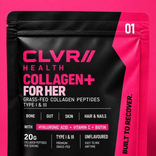 Close-up of the black and pink CLVR Health Collagen+ For Her pouch