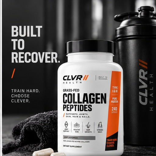 CLVR Collagen Capsules bottle, 240 capsules, beside a CLVR shaker
